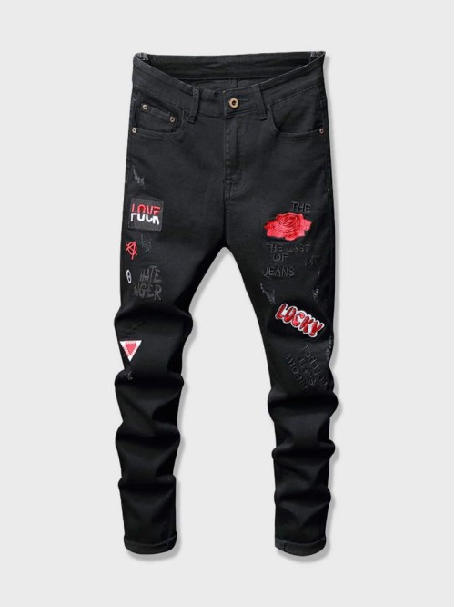 Men Letter Embroidery Ripped Jeans