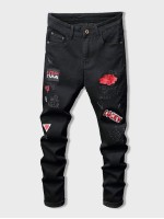 Men Letter Embroidery Ripped Jeans