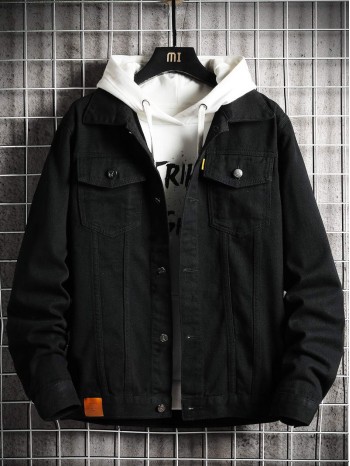 Men Patched Button Up Denim Trucker Jacket