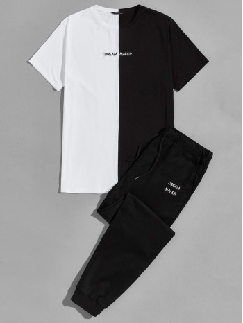 Men Color Block Embroidered Letter Tee & Pants Set