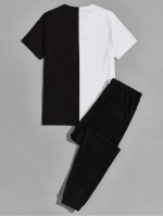 Men Color Block Embroidered Letter Tee & Pants Set