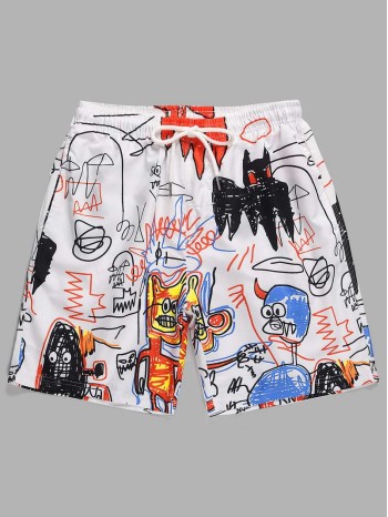 Men Graffiti Print Drawstring Swim Trunks