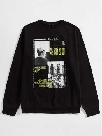 Men Slogan & Figure Graphic Pullover