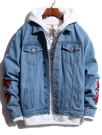 Men Floral Embroidery Sleeve Denim Jacket Without Hoodie