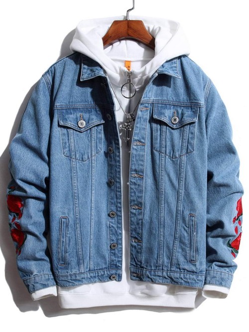 Men Floral Embroidery Sleeve Denim Jacket Without Hoodie