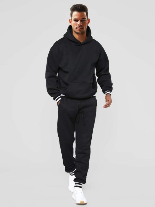 Men Striped Print Kangaroo Pocket Hoodie And Sweatpants