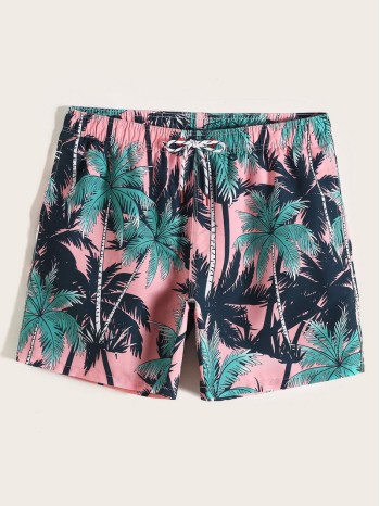 Men Tropical Print Drawstring Swim Trunks