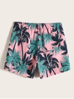 Men Tropical Print Drawstring Swim Trunks