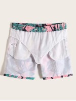 Men Tropical Print Drawstring Swim Trunks