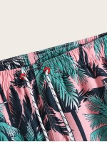 Men Tropical Print Drawstring Swim Trunks