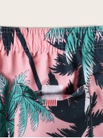 Men Tropical Print Drawstring Swim Trunks