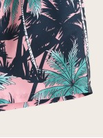 Men Tropical Print Drawstring Swim Trunks