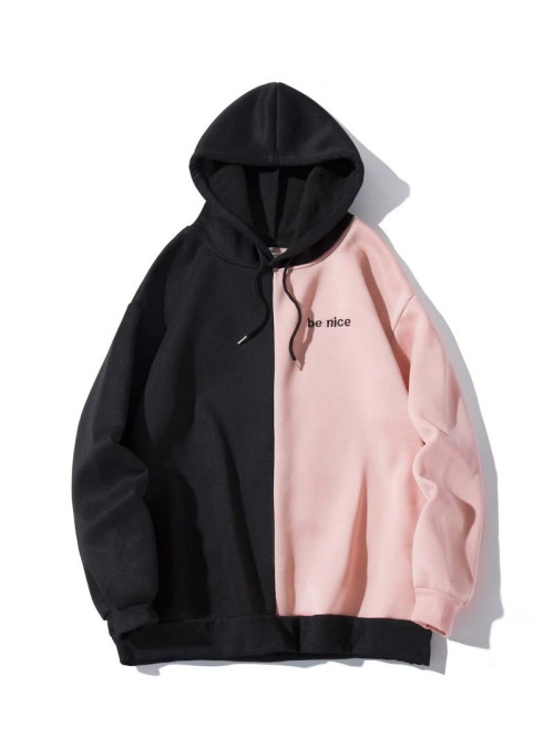 Men Slogan Embroidery Colorblock Hoodie