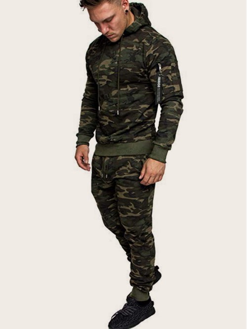 Men Camouflage Print Zip & Drawstring Hoodie Tracksuit