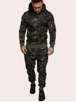 Men Camouflage Print Zip & Drawstring Hoodie Tracksuit