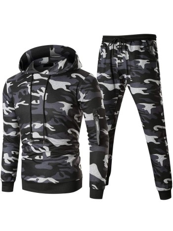 Men Camouflage Print Zip & Drawstring Hoodie Tracksuit