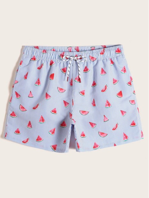 Men Watermelon & Striped Print Swim Trunks