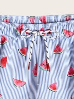 Men Watermelon & Striped Print Swim Trunks