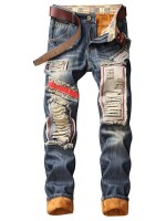 Men Sherpa Lined Ripped Jeans Without Belt