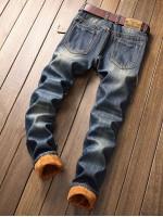 Men Sherpa Lined Ripped Jeans Without Belt