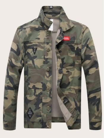 Men Camo Print Denim Jacket