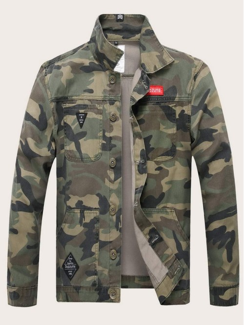 Men Camo Print Denim Jacket