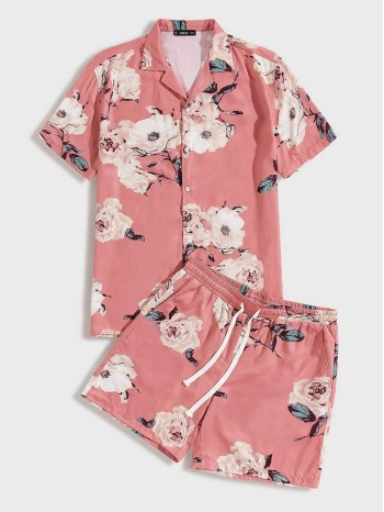 Men Notched Collar Floral Print Shirt & Shorts Set