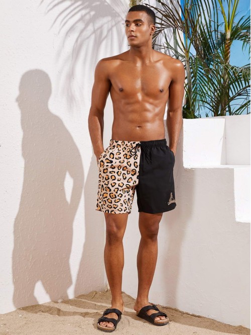 Men Leopard Print Drawstring Trunks