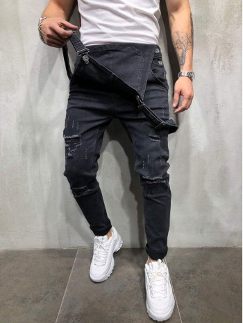 Men Ripped Zipper Denim Overall