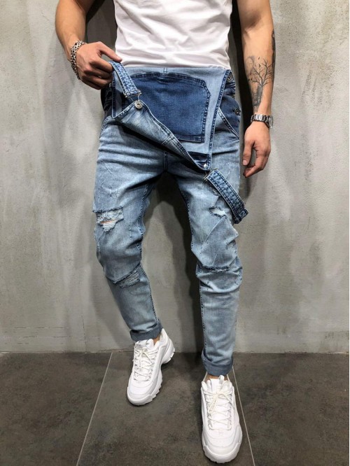 Men Ripped Zipper Denim Overall