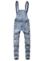 Men Ripped Zipper Denim Overall