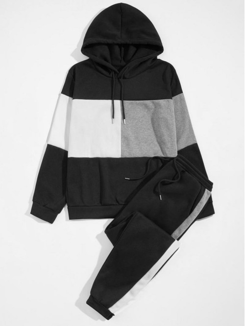 Men Color Block Drawstring Hoodie & Sweatpants