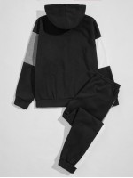 Men Color Block Drawstring Hoodie & Sweatpants