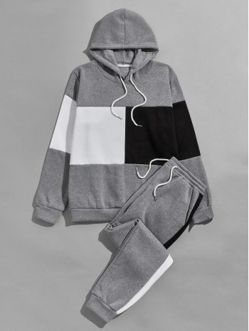 Men Color Block Drawstring Hoodie & Sweatpants