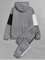 Men Color Block Drawstring Hoodie & Sweatpants