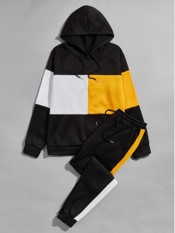 Men Color Block Drawstring Hoodie & Sweatpants