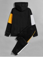 Men Color Block Drawstring Hoodie & Sweatpants