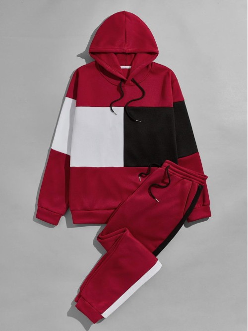 Men Color-block Drawstring Thermal Hoodie & Sweatpants