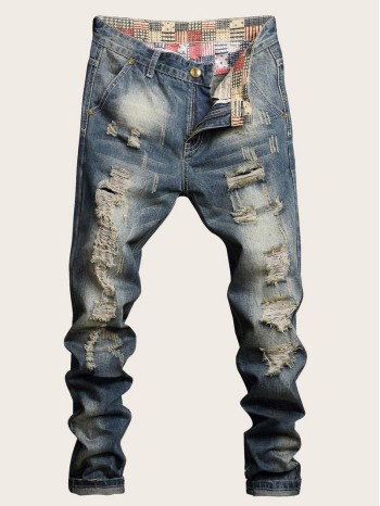 Men Pocket Zip Waist Washed Jeans