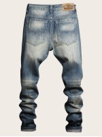 Men Pocket Zip Waist Washed Jeans