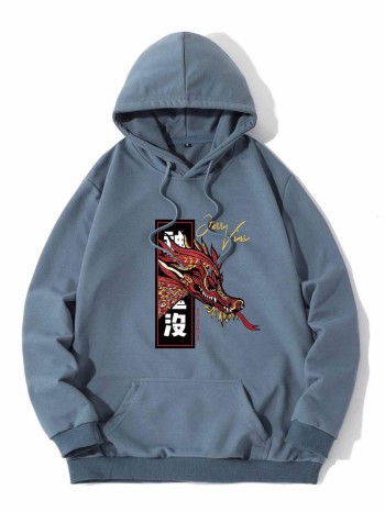 Men Chinese Dragon & Letter Graphic Hoodie