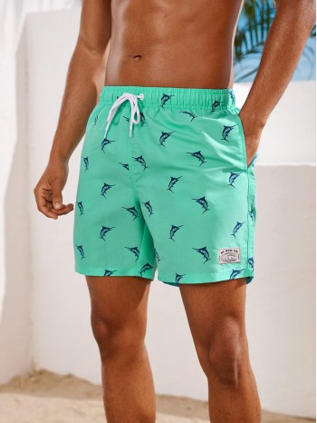 Men Fish Print Drawstring Waist Swim Trunks