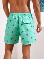 Men Fish Print Drawstring Waist Swim Trunks