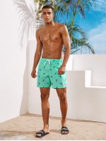 Men Fish Print Drawstring Waist Swim Trunks