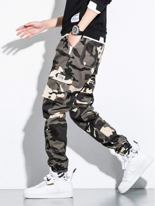 Men Camo Print Flap Pocket Cargo Pants