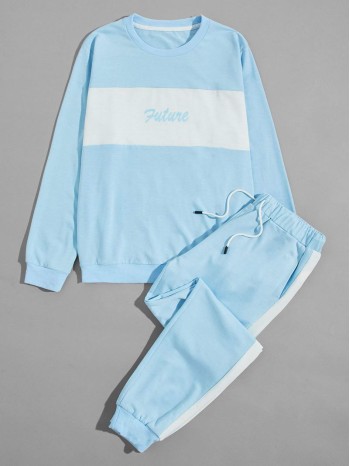 Men Colorblock And Letter Graphic Sweatshirt With Sweatpants