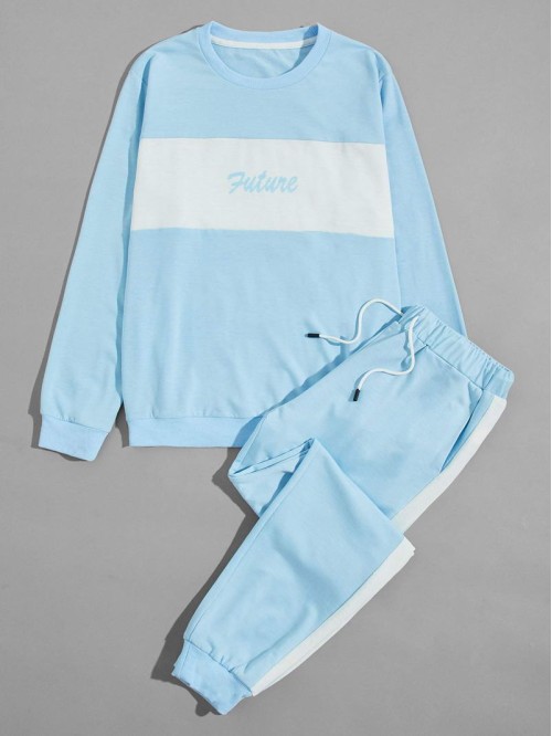 Men Colorblock And Letter Graphic Sweatshirt With Sweatpants