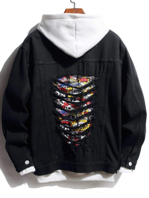 Men Pop Art Print Ripped Denim Jacket