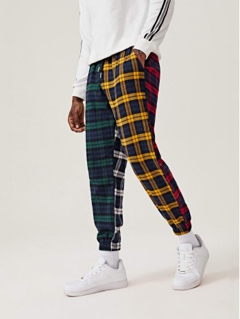 Men Plaid Color Block Drawstring Pants