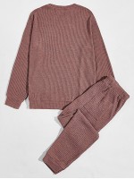 Men Waffle Knit Pullover & Drawstring Waist Sweatpants Set